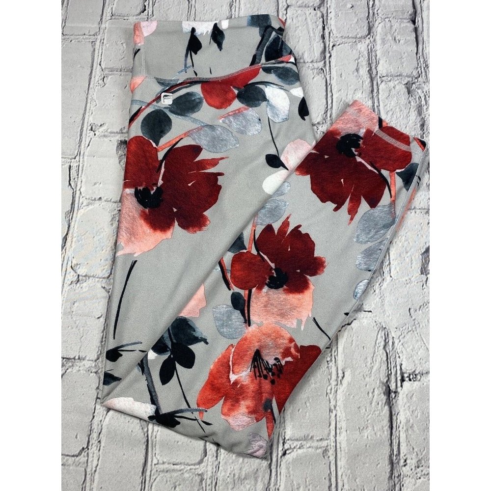 Fabletics Gray Leggings with Red Floral Print